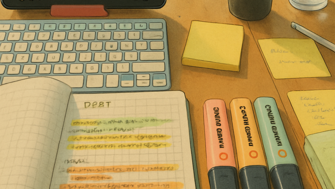 Desk setup with tablet, keyboard, notebook, highlighters, and coffee cup.