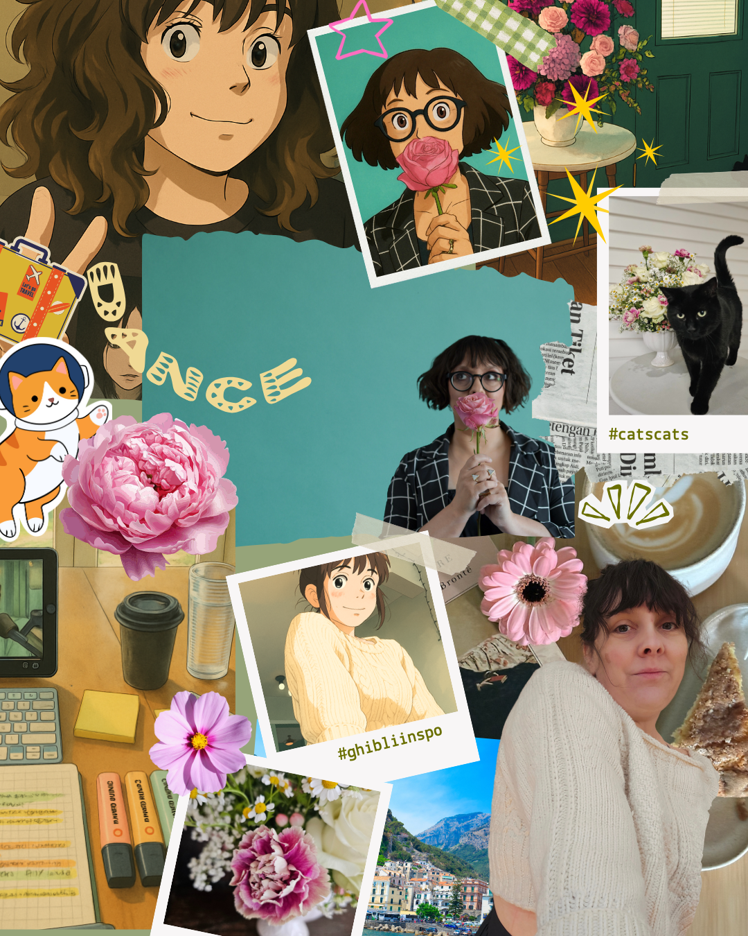 Collage of a person with various elements including flowers, photos, and text.
